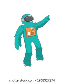 Cute spaceman is pointing a finger to the sky while thinking about something great. Cartoon  astronaut character design vector illustration isolated on transparent background. 
