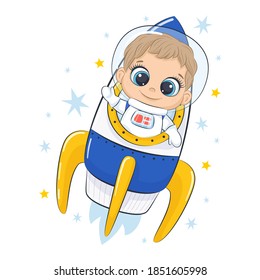 Cute spaceman with spaceship and stars. Childish illustration