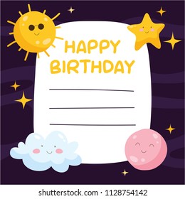 Cute space,planet, and astronaut theme birthday card design template for children.