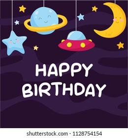 Cute space,planet, and astronaut theme birthday card design template for children.