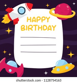 Cute space,planet, and astronaut theme birthday card design template for children.