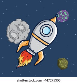 Cute spaceship with asteroid and star background