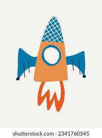 Cute spaceship in cartoon style. Childish print with rocket. Hand drawn vector illustration for sticker, t shirt, cover, icon, decoration. 