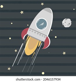 Cute spaceship on its way to moon in space with stars, celestial objects. Vector
illustration isolated on dark blue background.