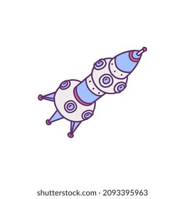 Cute spaceship or rocket in hand drawn doodle style, cartoon vector illustration isolated on white background. Shuttle in outer space, great for childish cosmic design.