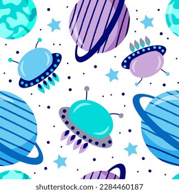 Cute spaceships and colorful planets with stars on white background. Seamless pattern. Cartoon vector illustration.