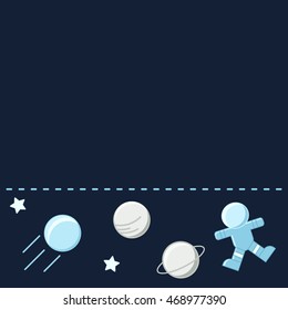 A cute space-themed banner or header with an astronaut, planets, and a dashed line separator. This dark blue background template is perfect for a children's website, blog, or party decoration.