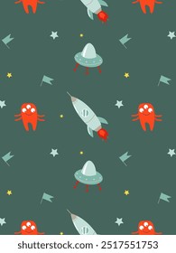 cute space-themed pattern with flying saucers, rockets, aliens and stars on a dark blue background