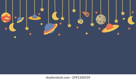 A cute space-themed vector illustration with planets, stars, and UFOs hanging on strings. Ideal for children's designs, backgrounds, and cosmic-themed artwork.