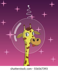 A cute spacial giraffe with helmet.