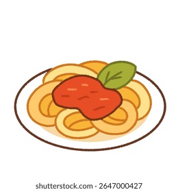 Ilustração espaguete bonito com molho de tomate e manjericão em um prato branco.