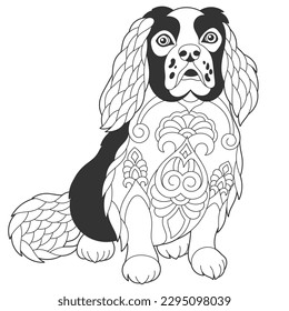 Cute spaniel dog design. Animal coloring page with mandala and zentangle ornaments