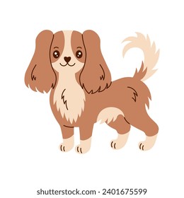 Cute spaniel dog vector illustration in cartoon style. Happy brown puppy with fluffy tail standing on four legs and smiling. King Charles breed. Cheerful character. Animal, pet design. 