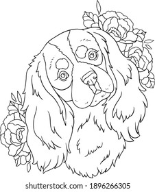 Cute spaniel with flowers coloring book