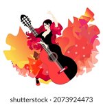 A cute Spanish girl in a beautiful black and red dress is dancing flamenco with a big black and red guitar. Wonderful vector illustration isolated on white background.