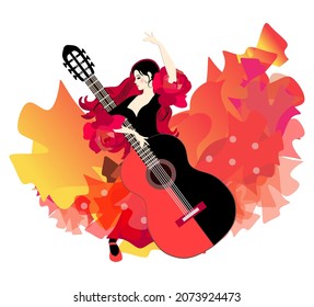 A Cute Spanish Girl In A Beautiful Black And Red Dress Is Dancing Flamenco With A Big Black And Red Guitar. Wonderful Vector Illustration Isolated On White Background.