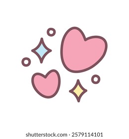 Cute sparkling hearts icon. Hand drawn illustration of two hearts, stars and sparkles isolated on a white background. Abstract romantic emoji. Kawaii St. Valentine day sticker. Vector 10 EPS.