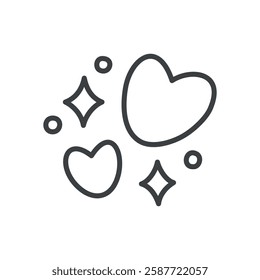 Cute sparkling hearts icon. Hand drawn monochrome illustration of two hearts, stars and sparkles isolated on a white background. Abstract romantic emoji. Kawaii St. Valentine day sticker. Vector 10 EP