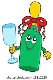 Cute sparkling wine bottle with glass - vector illustration.