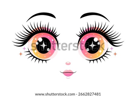 Cute and sparkly anime style doll eyes with long eyelashes and a tiny nose and mouth.