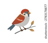 Cute Sparrow Bird Sitting on Branch Vector, Flat Cartoon Finch Songbird Clipart for Autumn Design
