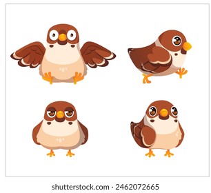 Cute sparrow character cartoon isolated set. Flying small bird icon with different emotion expression. Surprised, walking and serious childish mascot graphic with wild pet comic drawing collection