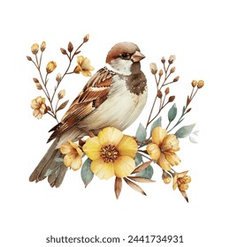 cute sparrow and flowers vector illustration in watercolour style