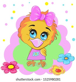
Cute sparrow girl with flowers. Cartoon.
