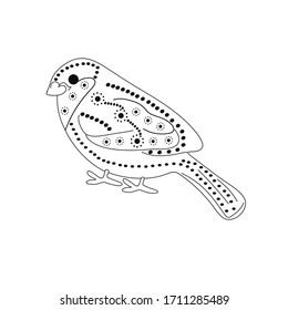 Cute Sparrow with a pattern of circles and flowers made with a brush with a black outline