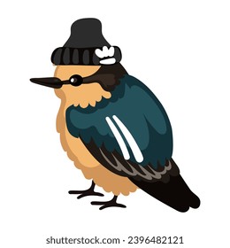 A cute sparrow in a sports uniform. Funny cartoon illustration of a small bird. Urban bird on the sport, hat, sports patches on the wings. The thunderstorm of the area, a dangerous bird, a thief