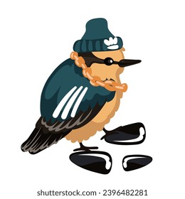 A cute sparrow in a sports uniform with seeds. Little bird funny cartoon vector illustration. Gold chain, hat, sports stripes on the wings. Thunderstorm of the area, dangerous bird, boss