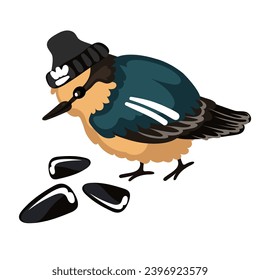 A cute sparrow in a sports uniform with seeds. Funny cartoon illustration of a small bird. Urban bird on the sport, hat, sports patches on the wings. The thunderstorm of the area, a dangerous bird