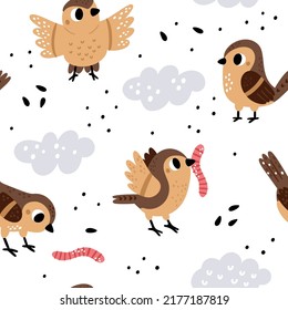 Cute sparrows seamless pattern. Cartoon print with brown birds. Flying animals pecking seeds and caterpillars. City fauna. Urban inhabitants. Avian flock and clouds