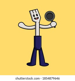 cute spatula cartoon character holding a cooking pot, art illustration