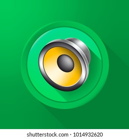 Cute Speaker Icon on Color Button on Color Background . Isolated Vector Illustration