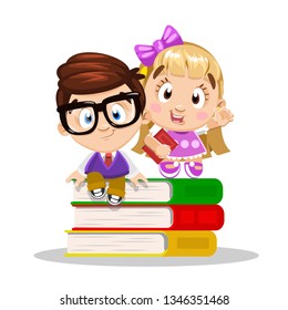 Cute spectacled boy and blond girl are on pile of books. Concept of back to school, love of reading, early education. Cartoon clipart isolated on white background.