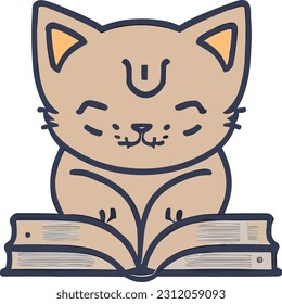 A cute, spectacled cat immersed in a book, surrounded by cartoon illustrations in a vector image