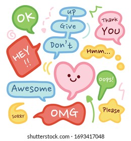 Cute speech bubble with different expressions hand drawn set. Speech box doodle style design collection. Colorful text sticker design. Vector. Illustration.