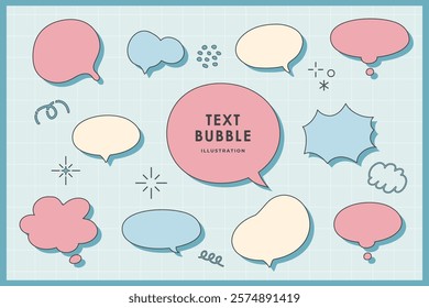 Cute speech bubble doodle isolated pastel with frame elements illustration set. Speech talking thinking box. Dialogue cloud. 8 bit. For game development, mobile app, graphic, social media,