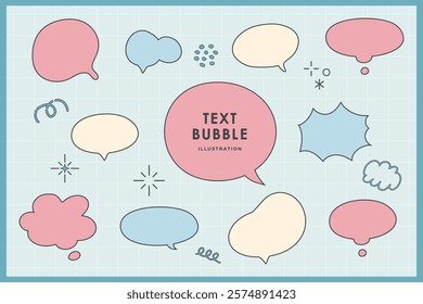 Cute speech bubble doodle isolated pastel with frame elements illustration set. Speech talking thinking box. Dialogue cloud. 8 bit. For game development, mobile app, graphic, social media