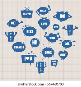 Cute speech bubble doodle style set-isolated on background,vector illustration,graphic design.Hand drawn seamless pattern with dialog words:Hi,Wow,Omg,See Ya and Lol lettering.Collection