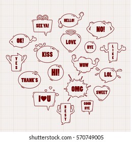 Cute speech bubble doodle style set-isolated on background, vector illustration, graphic design. Hand drawn seamless pattern with dialog words: Hi, Wow, Omg, See Ya and Lol lettering. Thin line collection