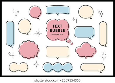 Cute speech bubble isolated pastel with frame elements illustration set. Speech talking thinking box. Dialogue cloud. 8 bit. For game development, mobile app, graphic, social media, scrapbooking