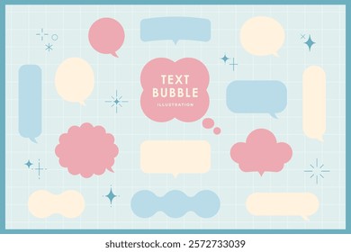 Cute speech bubble isolated pastel with frame elements illustration set. Speech talking thinking box. Dialogue cloud. 8 bit. For game development, mobile app, graphic, social media, scrapbooking