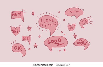 Cute speech bubble in pink colors with hearts. Hand-drawn doodle elements, fun feminine decor. Vector illustration of beautiful elements