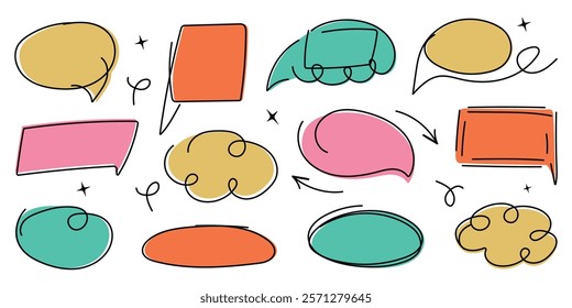 Cute speech bubble set in trendy doodle style. Handwritten Chat balloons for text, dialog icon, comic comments. Message in cloud frame, talk box. Isolated vector illustration on white background.