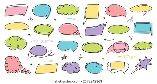 Cute speech bubble set in trendy doodle style. Handwritten Chat balloons for text, dialog icon, comic comments. Message in cloud frame, talk box. Isolated vector illustration on white background.