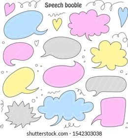Cute speech bubble vector set in doodle style with pink blue yellow and grey colors. 