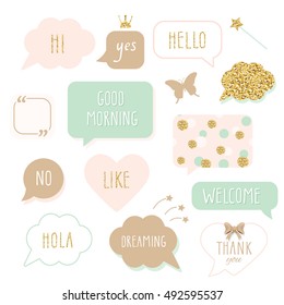 Cute Speech Bubbles With Hand Written Words. Girly Stickers Set In Pastel Pink And Gold Glitter. Thank You, Good Morning, Welcome And Hello Lettering. Polka Dots Pattern Added In Swatches.