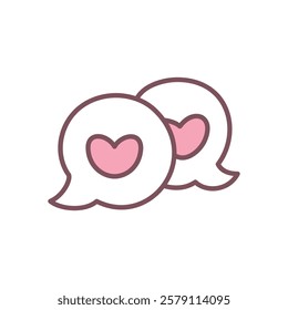 Cute speech bubbles icon. Hand drawn illustration of two text boxes with heart isolated on a white background. Kawaii St. Valentine day sticker. Vector 10 EPS.